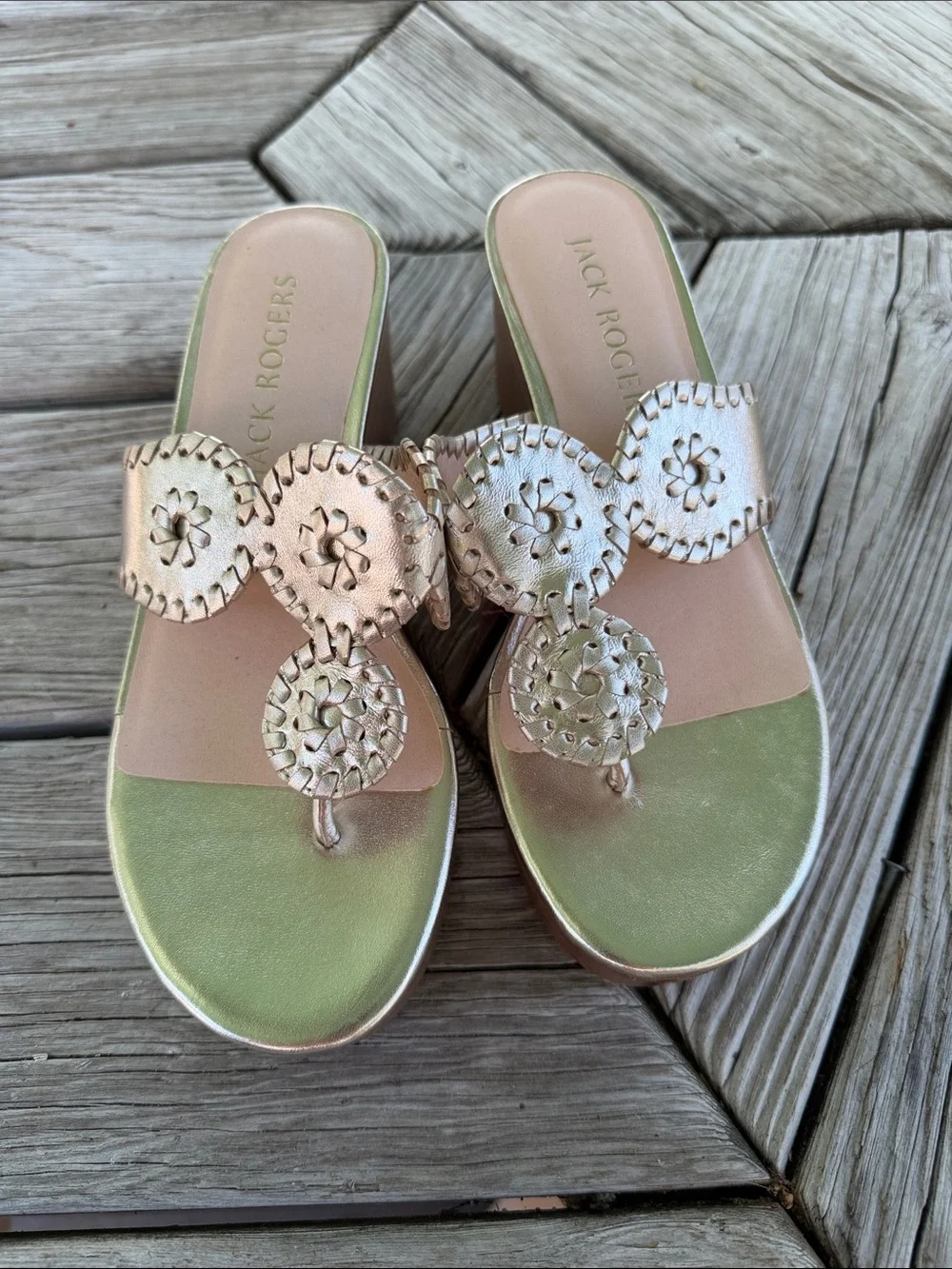 Jack Rogers Metallic Rose Gold & Light Green Blossom Sandals - Picture 1 of 4
